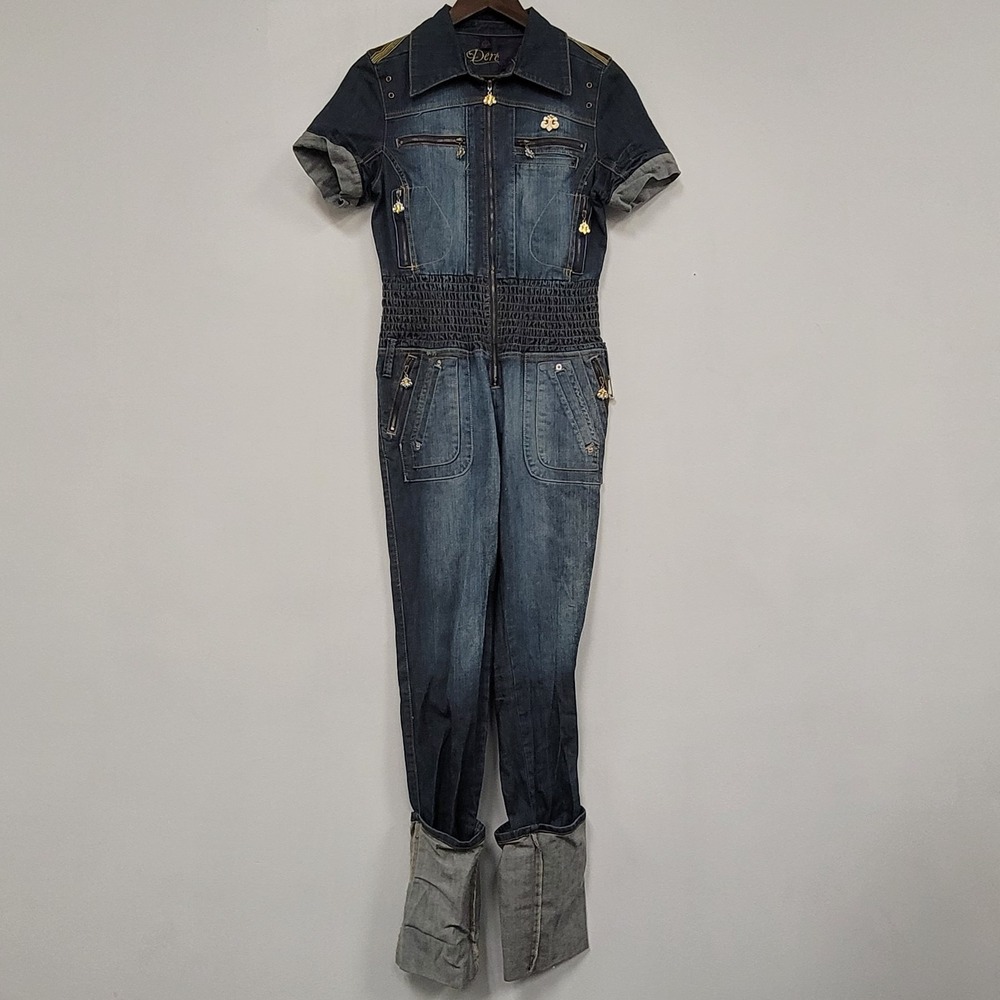 Dereon Womens Y2K Denim Boiler Jumpsuit Size L Blue Stacked Leg‎ Beyonce Smocked